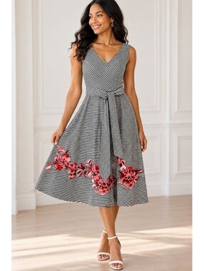 Talbots Petites 6P Black White Striped Floral Embroidered Cotton Midi Dress